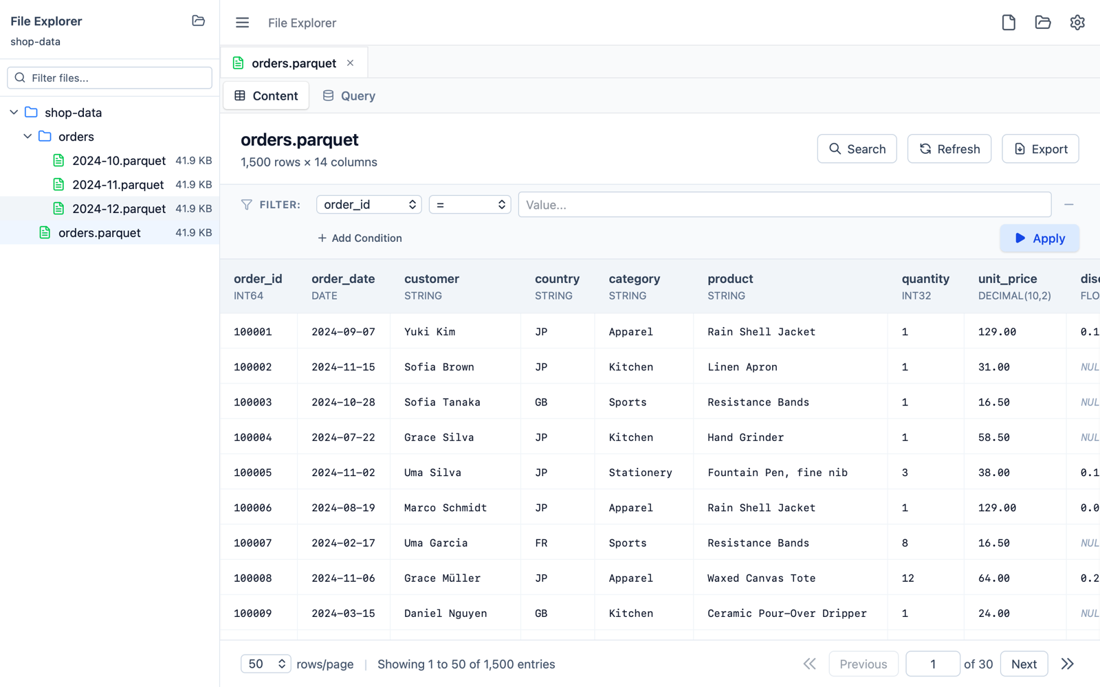 Parqsee showing a Parquet file: a folder of files in the sidebar, the rows in a table with their column types, a filter bar and pagination.